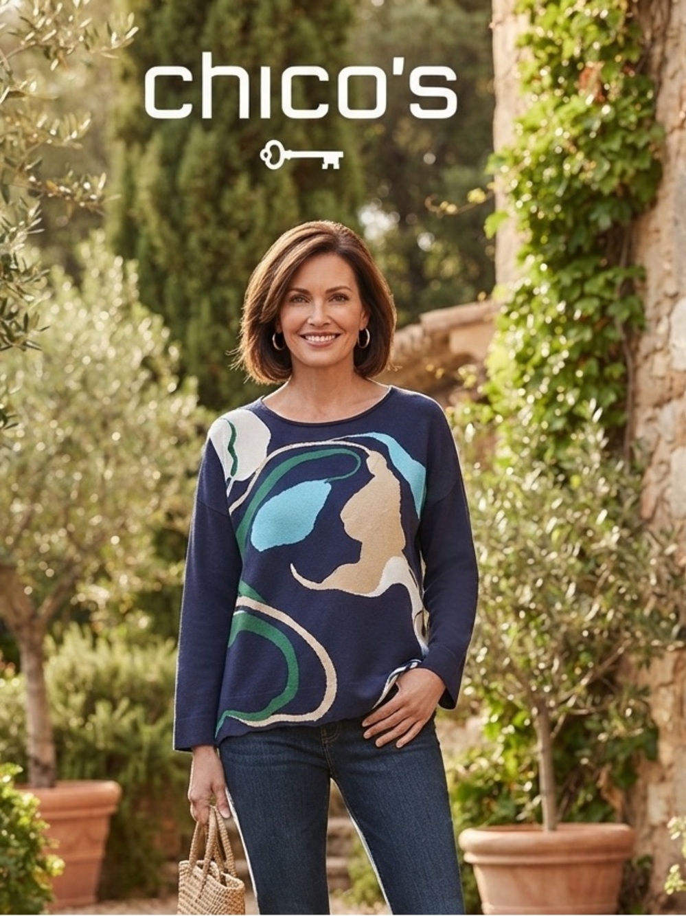Chico's Navy Abstract Swirl Crewneck Sweater with Teal and Cream Accents